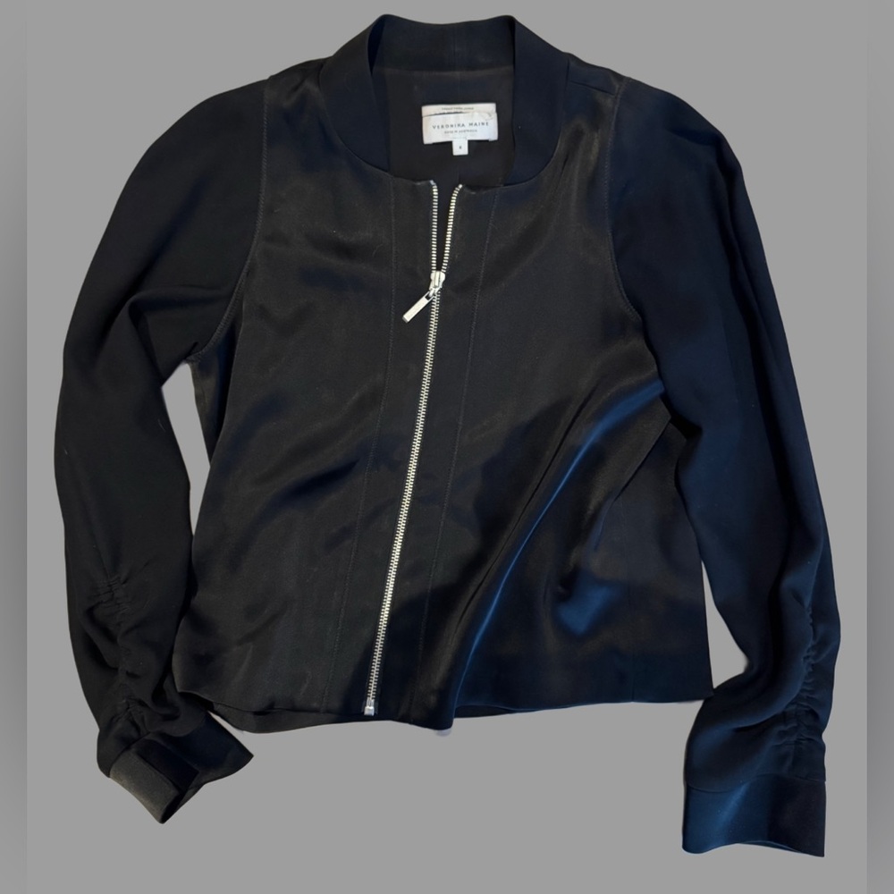 Veronika Maine Black Satin Bomber Jacket